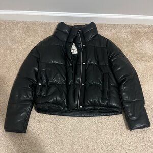 Abercrombie Black Faux Leather Mini Puffer Jacket Coat Size Medium
